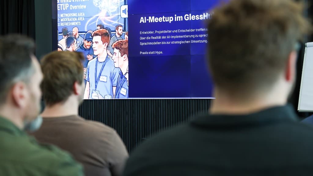 Großbild mit AI-Meetup-Übersicht und Claim „Praxis statt Hype“.